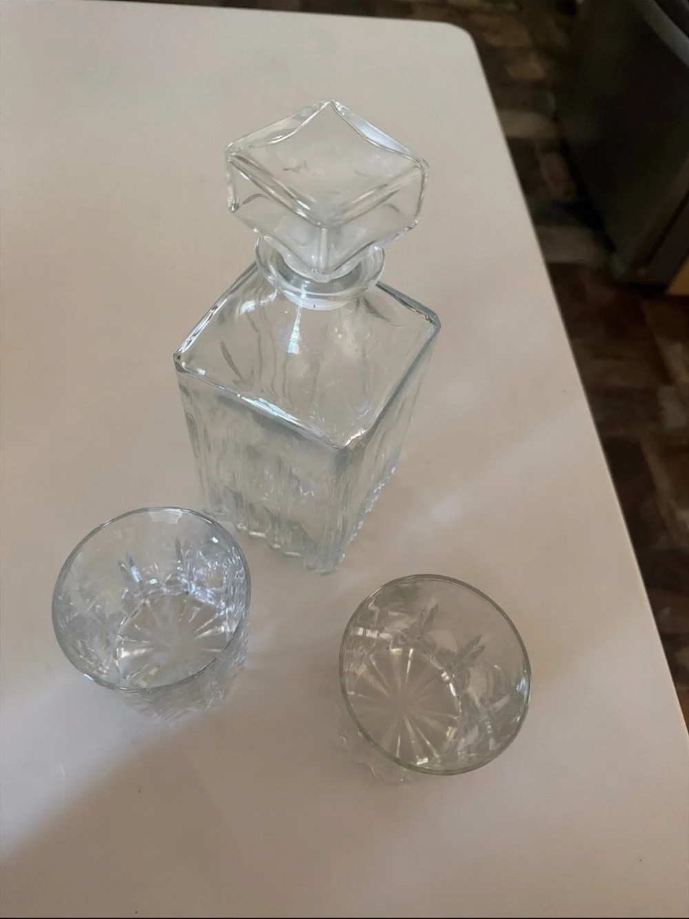 Cut Glass Whiskey Decanter Set with Two Rocks Glasses